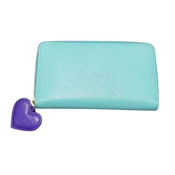 Talbots Women's Tiffany Blue Leather Zip Around Wallet With Heart Zipper Pull - Picture 2 of 8